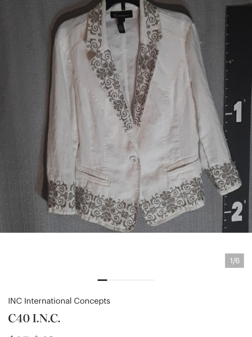 C40 INC International Concepts Cream Blazer with Taupe Embroidered Trim